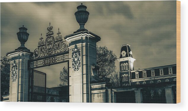 America Wood Print featuring the photograph University of Arkansas Old Main and Centennial Gate Sepia Panorama by Gregory Ballos