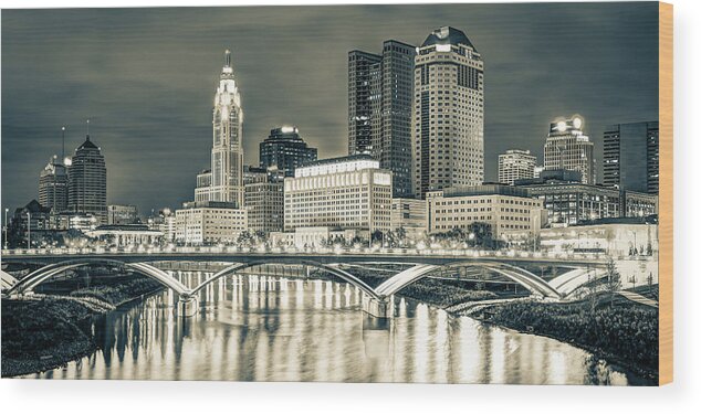 America Wood Print featuring the photograph Vintage Columbus Skyline in Sepia - Panoramic Format by Gregory Ballos