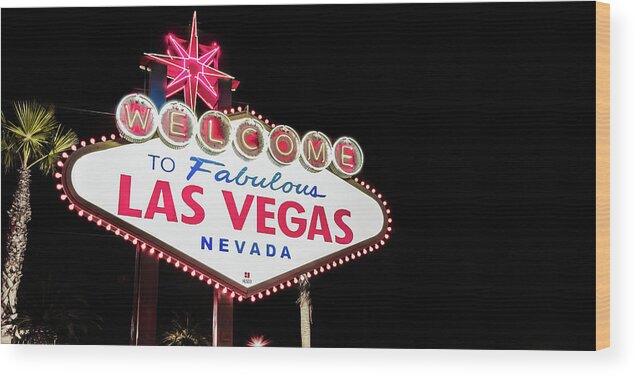 Las Vegas Sign Wood Print featuring the photograph Welcome to Las Vegas Neon Sign - Nevada USA Colorful Panorama by Gregory Ballos