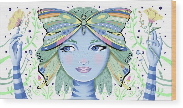 Fantasy Wood Print featuring the digital art Insect Girl, Winga - Oblong White by Valerie White