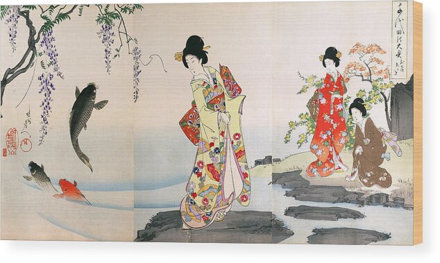 Japanese Wood Print featuring the painting Women at the castle pond watch jumping carp by Toyohara Chikanobu