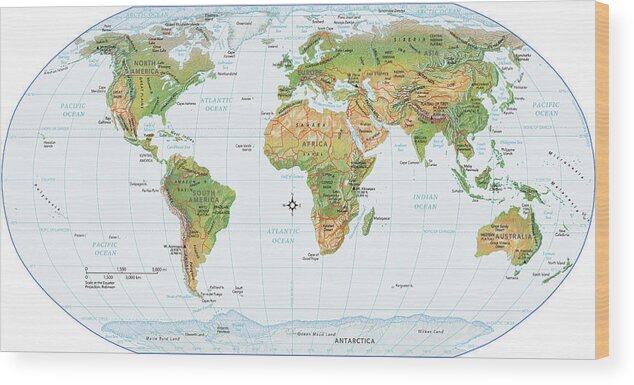 Equator Wood Print featuring the digital art World Map, Physical by Globe Turner, Llc