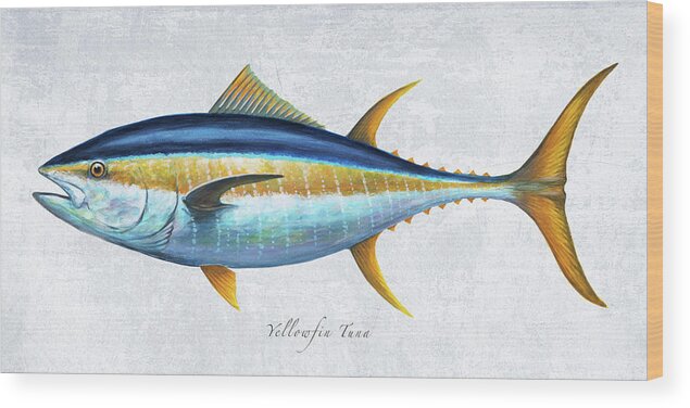 Yellowfin Wood Print featuring the mixed media Yellowfin Tuna Portrait by Guy Crittenden