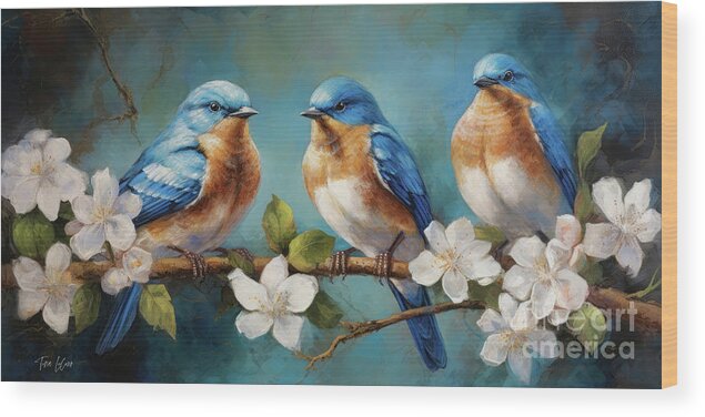 Bluebirds Wood Print featuring the painting Three Beautiful Bluebirds #2 by Tina LeCour