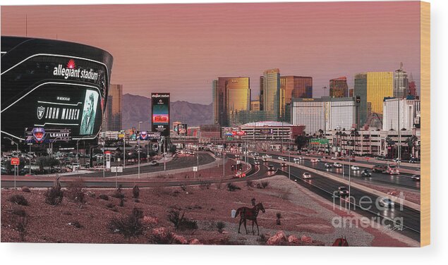 John Madden Wood Print featuring the photograph Allegiant Stadium Las Vegas Raiders Game day Tribute to John Madden after Sunset Panoramic View by Aloha Art