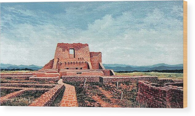 Landscape Wood Print featuring the painting Ancient Mission Ruins No.2 - New Mexico by George Lightfoot