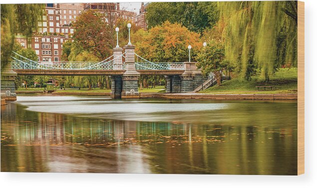 Boston Wall Art Wood Print featuring the photograph Boston Public Garden Foot Bridge Panorama in Autumn by Gregory Ballos