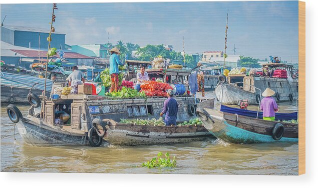 Vietnam Photography Wood Print featuring the photograph Can Tho Floating Market - Pano by Marla Brown