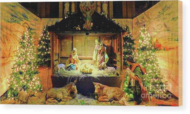 Christmas Creche With Holy Family Statues In A Manger At Our Lady Of Victory Basilica Wood Print featuring the photograph Christmas Creche with Holy Family Statues in a Manger at Our Lady of Victory Basilica by Rose Santuci-Sofranko