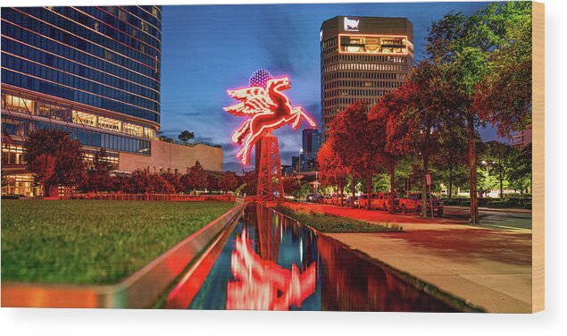 Dallas Texas Wood Print featuring the photograph Dallas Skyline and The Red Pegasus Panorama by Gregory Ballos