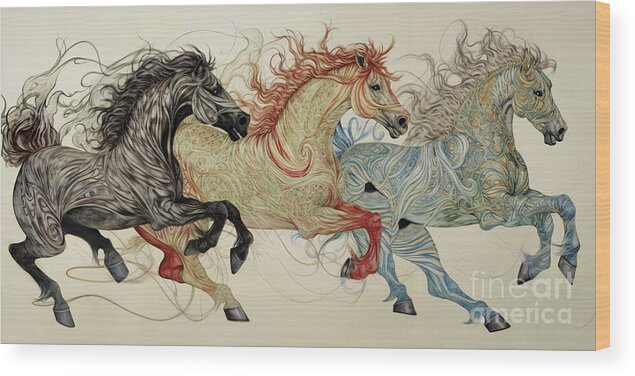 Abstract Horses Wood Print featuring the painting Dancing Horses by Mindy Sommers