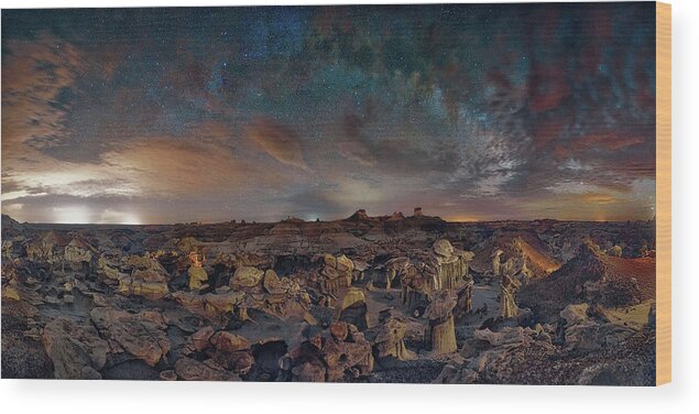 Bistibadlands Wood Print featuring the photograph Exploring the Bisti Badlands of New Mexico with the Milky Way, under a bright New Mexico starry sky by Lena Owens - OLena Art Vibrant Palette Knife and Graphic Design