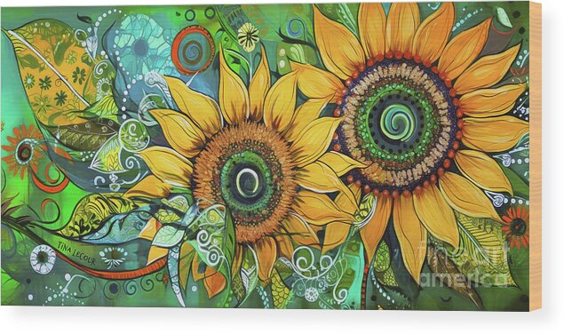 Sunflowers Wood Print featuring the painting Groovy Sunflowers by Tina LeCour