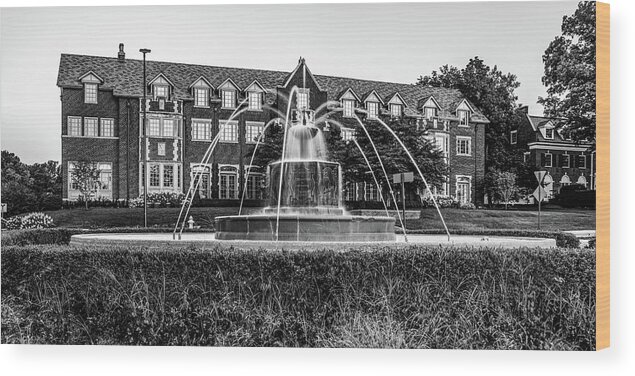 Chi Omega Fountain Wood Print featuring the photograph Kansas University Chi Omega Fountain Monochrome Panorama by Gregory Ballos