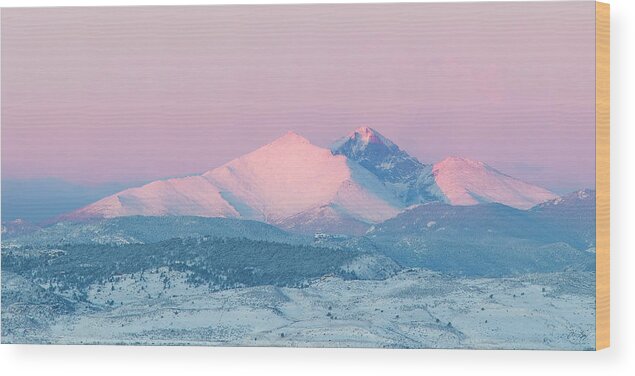Winter Wood Print featuring the photograph Longs Peak Alpenglow in Winter by Aaron Spong