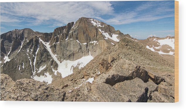 Longs Peak Wood Print featuring the photograph Longs Peak Diamond Panorama by Aaron Spong