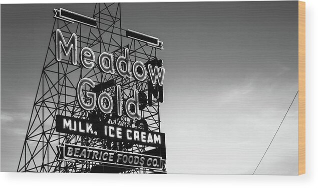 Tulsa Meadow Gold Neon Wood Print featuring the photograph Meadow Gold Neon Panorama Along Tulsa's Route 66 - Black and White by Gregory Ballos