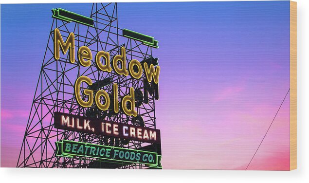 Tulsa Meadow Gold Neon Wood Print featuring the photograph Meadow Gold Neon Panorama Along Tulsa's Route 66 by Gregory Ballos