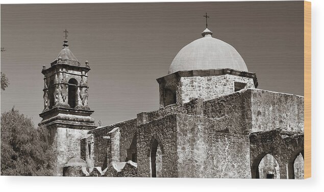 Mission San Jose Wood Print featuring the photograph Mission San Jose Sepia Panorama - San Antonio Texas by Gregory Ballos