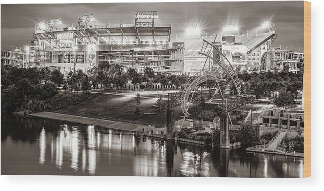 Nashville Panorama Wood Print featuring the photograph Nashville Stadium Panorama Along The Cumberland River in Sepia by Gregory Ballos