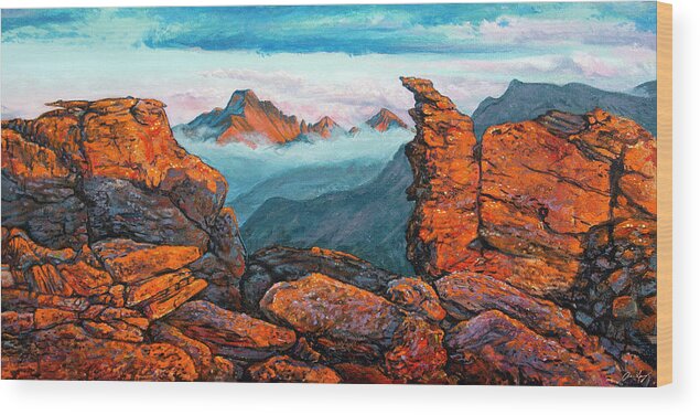 Rocky Mountain National Park Wood Print featuring the painting Painting - Longs Peak and Rock Cut Sunset by Aaron Spong