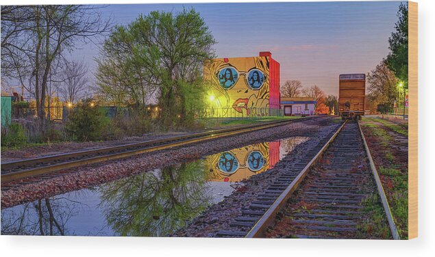 Rogers Arkansas Wood Print featuring the photograph Rogers Mural Reflections Near Railyard Park Panorama - Northwest Arkansas by Gregory Ballos