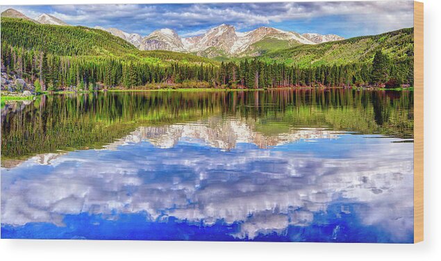  Wood Print featuring the photograph Spring Morning Scenic View Of Sprague Lake Against Cloudy Sky by Lena Owens - OLena Art Vibrant Palette Knife and Graphic Design