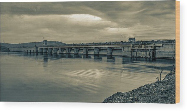 Table Rock Lake Wood Print featuring the photograph Table Rock Lake Dam Sepia Panorama by Gregory Ballos