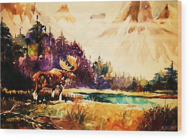 Moose Wood Print featuring the painting Moose in a forest clearing in autumn by Al Brown