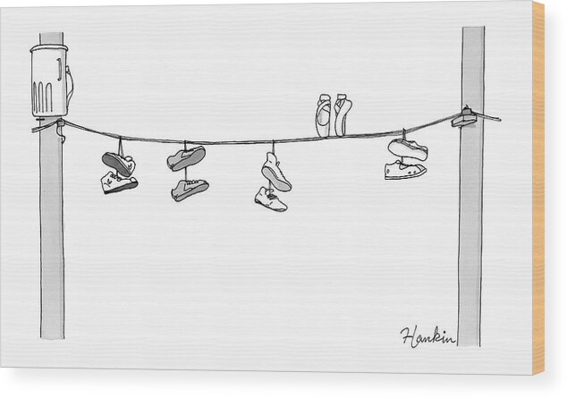 Captionless Wood Print featuring the drawing Several Pairs Of Shoes Dangle Over An Electrical by Charlie Hankin