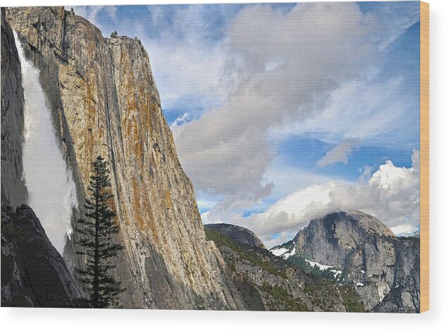 Yosemite Wood Print featuring the digital art Upper Yosemite Fall and Cloud-Capped Half Dome by Steven Barrows