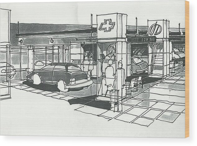 Architecture Car Dealerships Wood Print featuring the drawing Chevrolet Showcase #1 by Andrew Drozdowicz