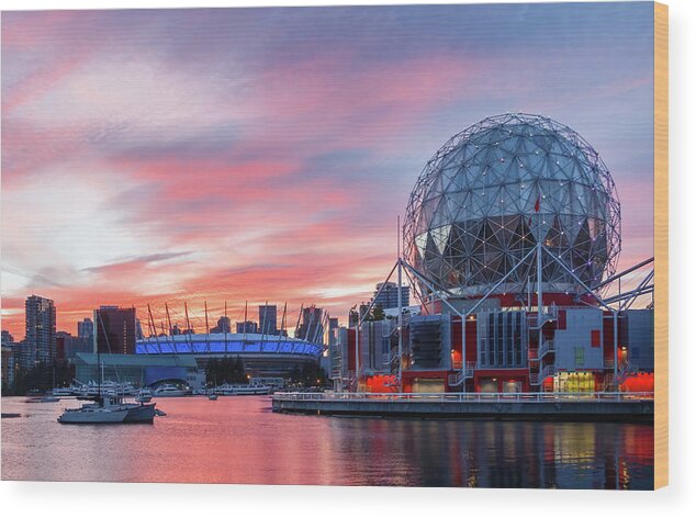 Canada Wood Print featuring the photograph Science World and BC Place Stadium at Sunset. Vancouver, BC by Rick Deacon