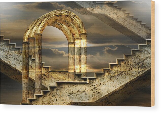 Arch Surrealism Clouds Collage Column Engraving Fantastic Golden Magic Marble Pillar Sky Stairs Wood Print featuring the photograph Arches of possibility by Desislava Draganova