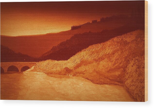 Dawn River Mountains Bridge Landscape Cold Lonely Rapids Wood Print featuring the painting Dawn by Bill OConnor