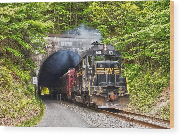 Train Wood Print featuring the photograph Engine 501 coming through the Brush Tunnel by Jeannette Hunt