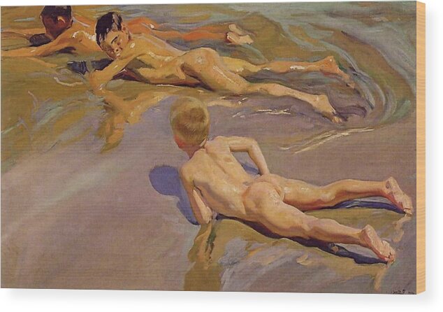 Children On The Beach Wood Print featuring the painting Children on the Beach by Joaquin Sorolla