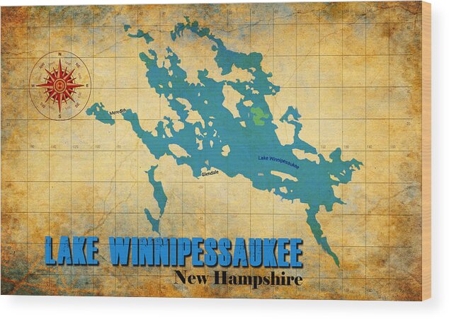 Lake Wood Print featuring the digital art Lake Winnipessaukee New Hampshire Vintage Print by Greg Sharpe