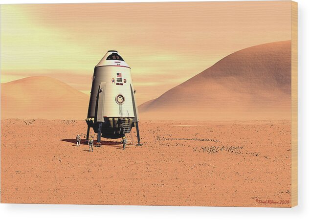 Mars Lander Wood Print featuring the digital art Mars Lander Ares First steps by David Robinson