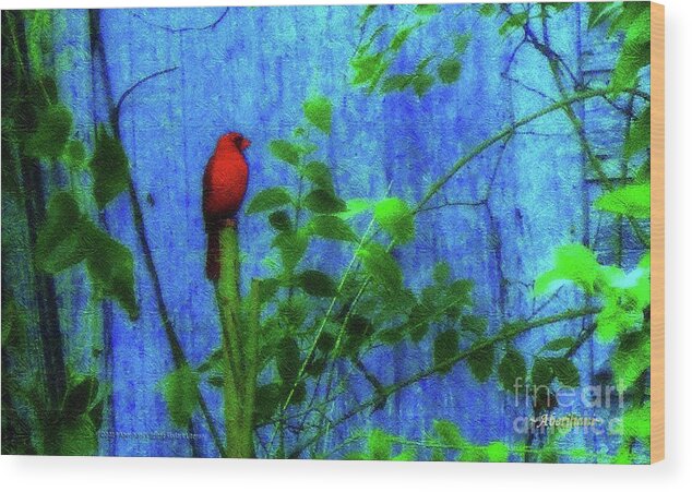 Earth Day Wood Print featuring the photograph Redbird Enjoying the Clarity of a Blue and Green Moment by Aberjhani