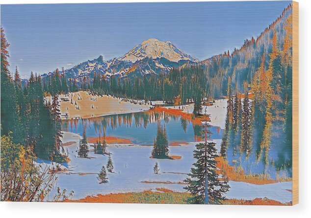 Mt. Rainier Wood Print featuring the digital art Tipsoo Lake by Jerry Cahill