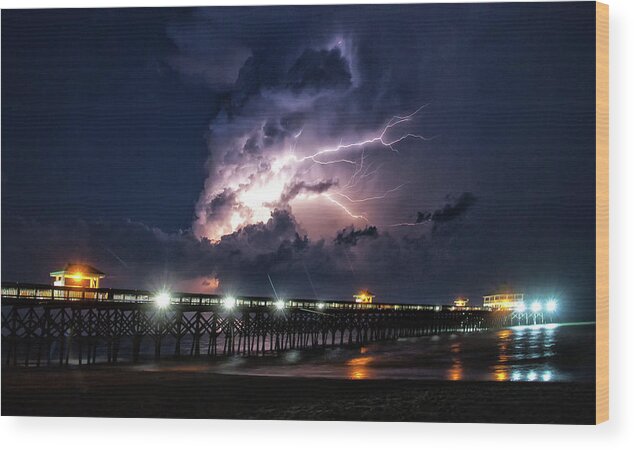 Folly Beach Wood Print featuring the photograph Lightning over the Pier at Folly Beach by Doug Sims