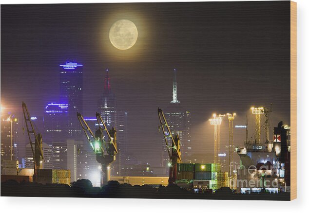 City Lights Wood Print featuring the photograph Moonrise Over City Of Melbourne #1 by Philip Hart