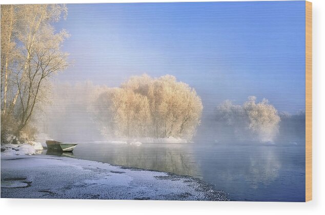 Morning Wood Print featuring the photograph Morning Fog And Rime In Kuerbin #1 by Hua Zhu