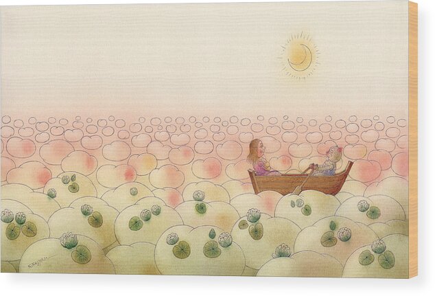 Sky Clouds Evening Boat Cat Girl Fantasy Flowers Wood Print featuring the painting The Dream Cat 28 #2 by Kestutis Kasparavicius