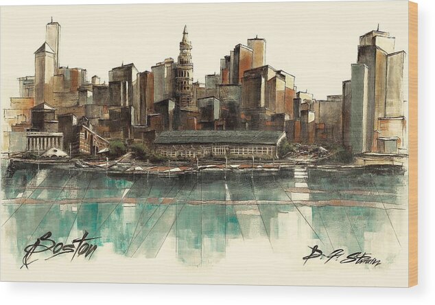 Fineartamerica.com Wood Print featuring the painting Boston Skyline #22 by Diane Strain