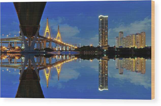 Bhumibol Bridge Wood Print featuring the photograph Bangkok Reflextion by Rotation Photographer