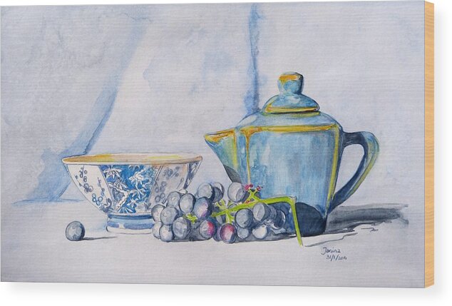 Still Life Wood Print featuring the painting Blue teapot by Janina Suuronen