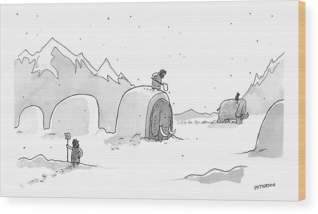 Cave Dwellers Wood Print featuring the drawing Cavemen Shoveling Out Their Woolly Mammoths by Jason Patterson