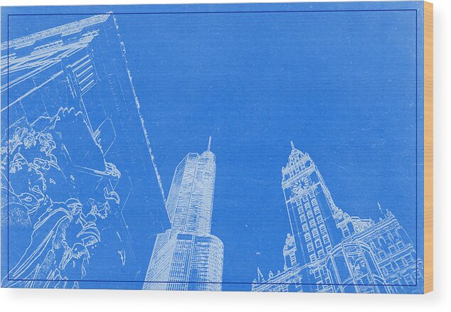 Chicago Skyline Wood Print featuring the painting Chicago Riverfront BluePrint by Celestial Images